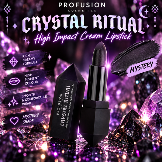 Profusion Rituals Crystal Lipstick in Mystery black shade with gothic crystal-inspired packaging styled for rave makeup