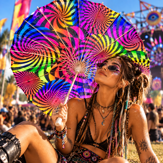 Colourful psychedelic spiral sun parasol held by a woman at a vibrant outdoor music festival
