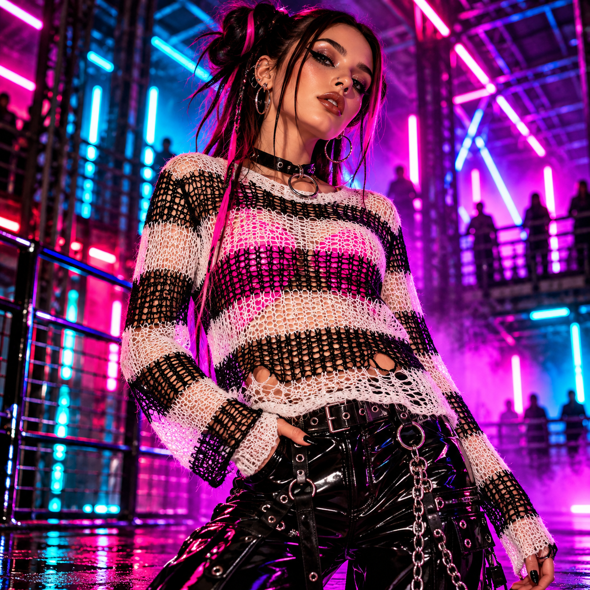 Punk Rave Cosima white and black striped open-knit sweater styled over a hot pink top with glossy PVC trousers at a neon rave