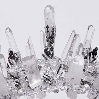 Close-up of the pointed clear crystals and intricate silver-tone detailing on the Punk Rave crown headband.