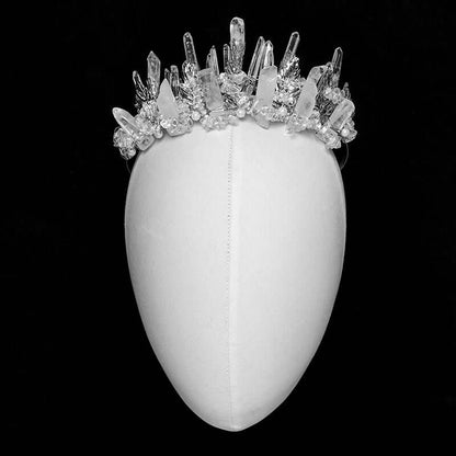 Punk Rave white crystal crown headband displayed on a mannequin head to show its shape and fit.