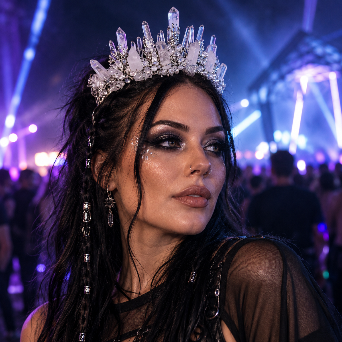 Woman wearing a white crystal crown headband at a neon-lit rave festival.