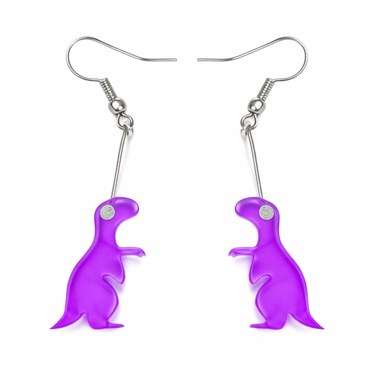 Purple dinosaur drop earrings quirky festival statement jewellery UK
