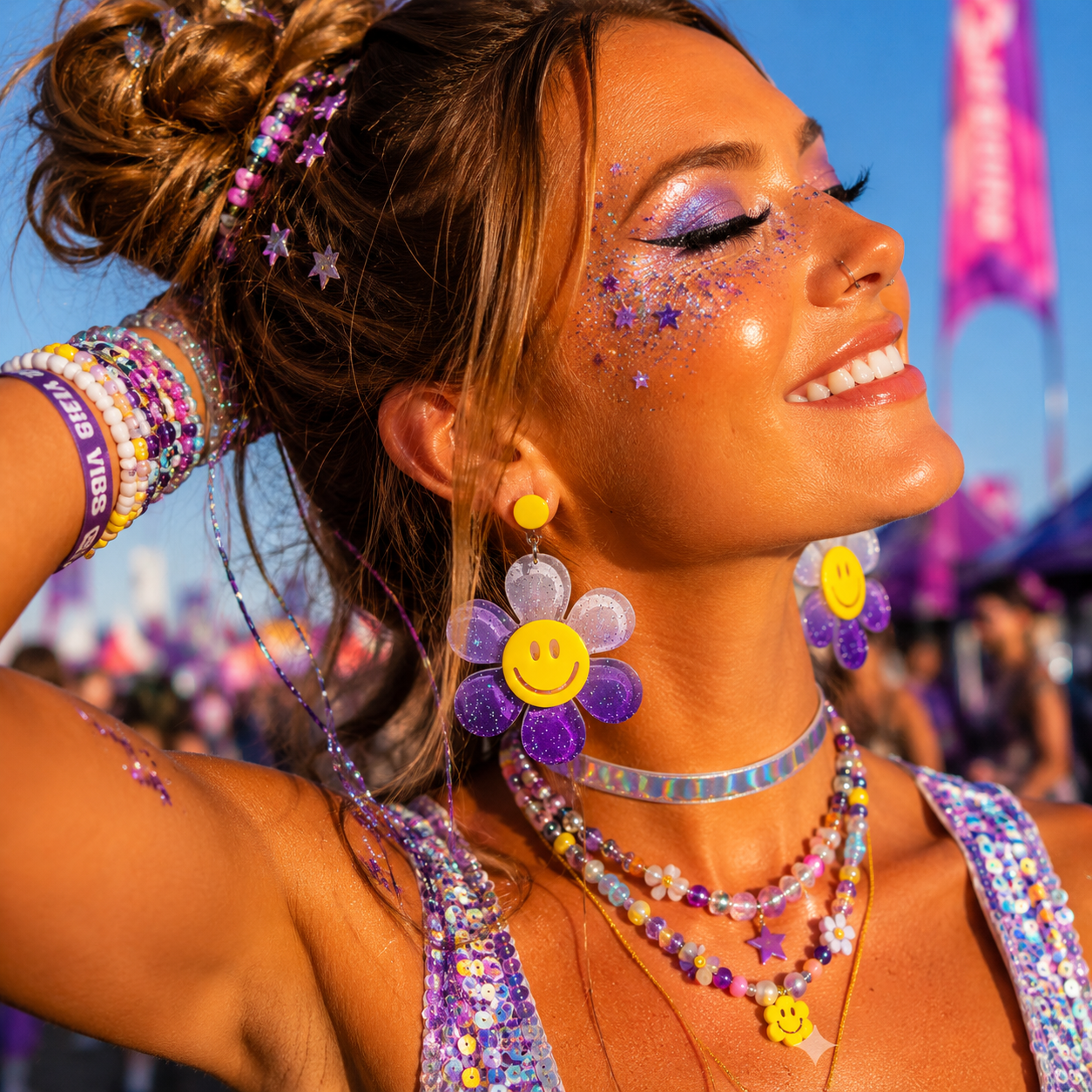 Festival model wearing oversized purple glitter daisy statement earrings