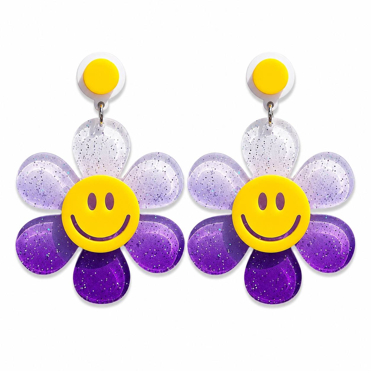 Oversized purple glitter daisy statement earrings with smiley flower centre