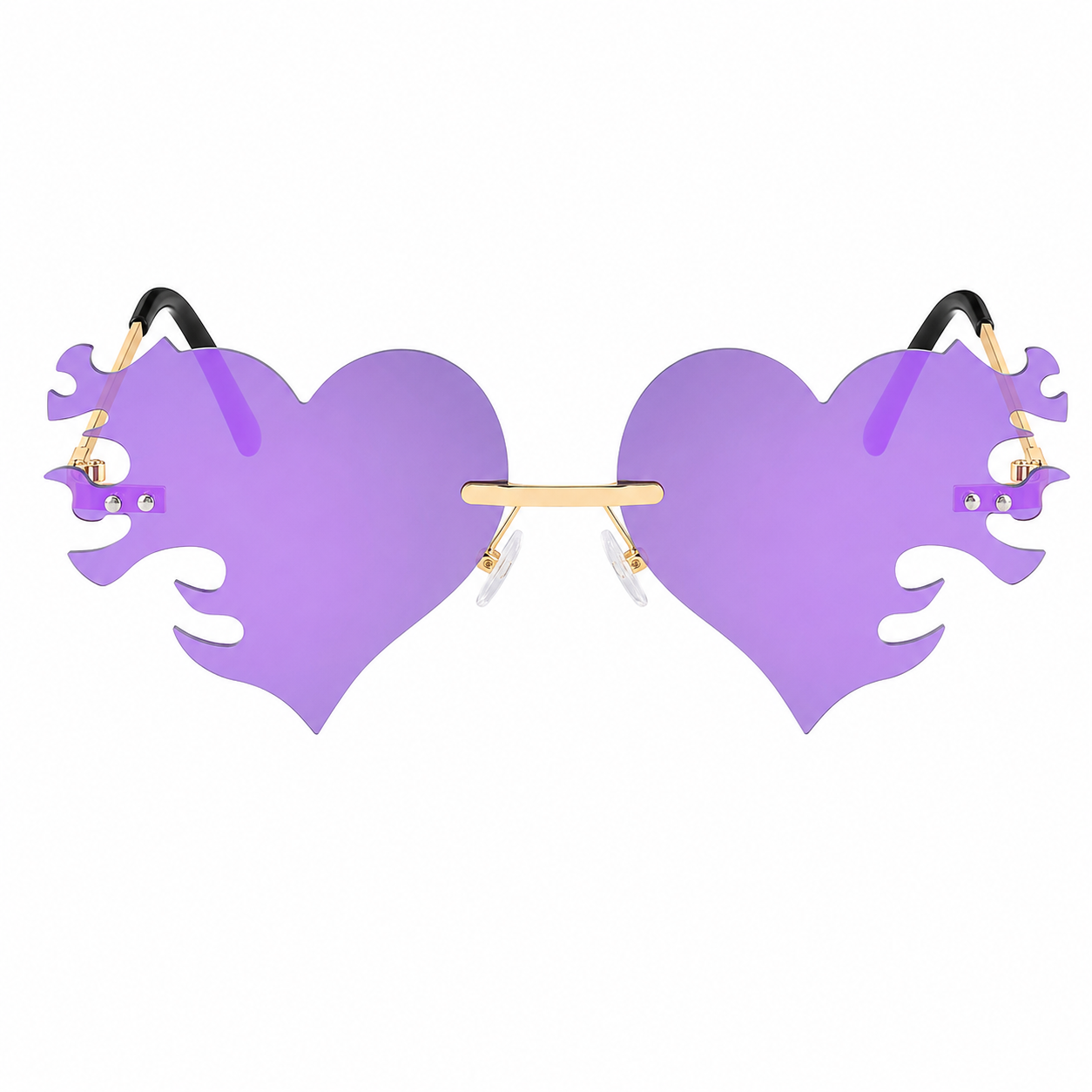 Purple and green iridescent heart flame festival sunglasses on white background