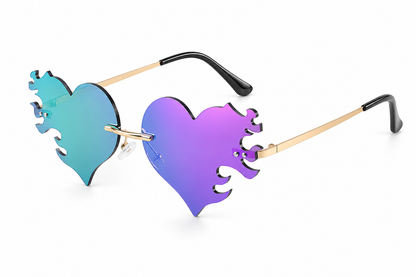 Angled view of purple and green iridescent heart flame rave sunglasses