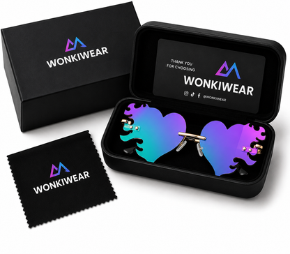 Purple and green iridescent heart flame sunglasses in WonkiWear premium gift box