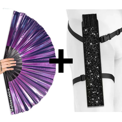 Purple iridescent festival fan with black glitter holster bundle option