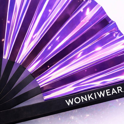 Close up of purple iridescent festival fan showing reflective material and WonkiWear logo