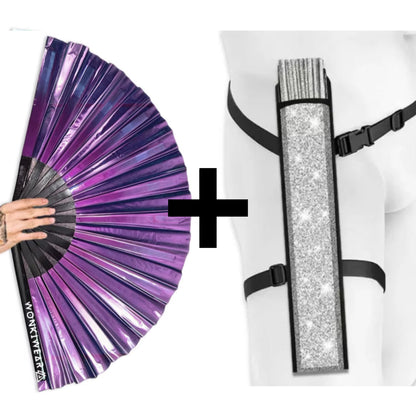 Purple iridescent festival fan with silver glitter holster bundle option