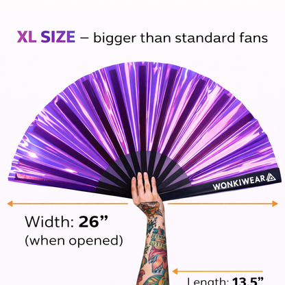 Purple iridescent festival fan XL size dimensions 26 inch width and 13.5 inch length