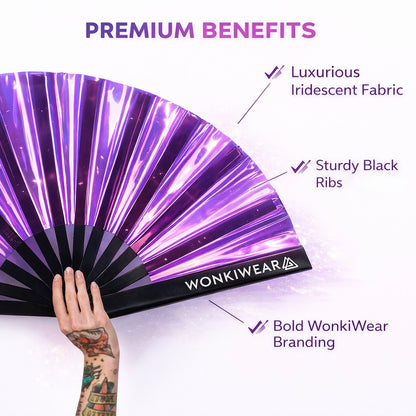 Purple iridescent festival fan showing premium benefits including durable ribs and reflective fabric