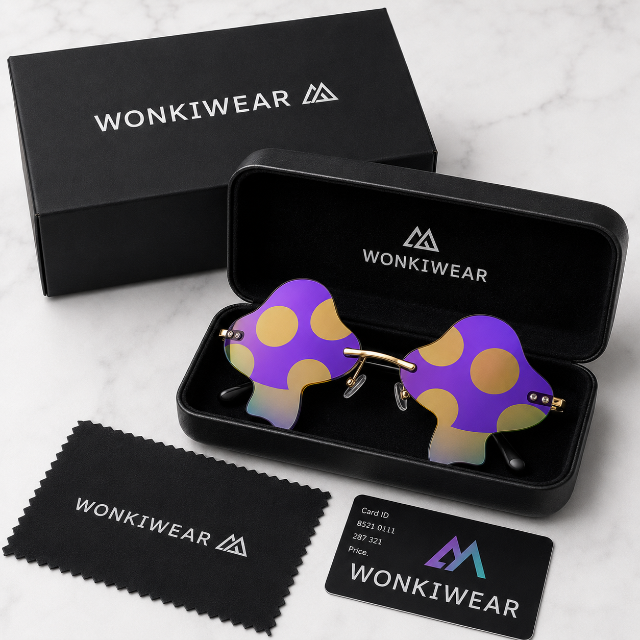 Purple mushroom shaped festival glasses in premium WonkiWear gift box