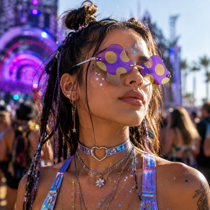 Festival model wearing purple mushroom shaped rave glasses