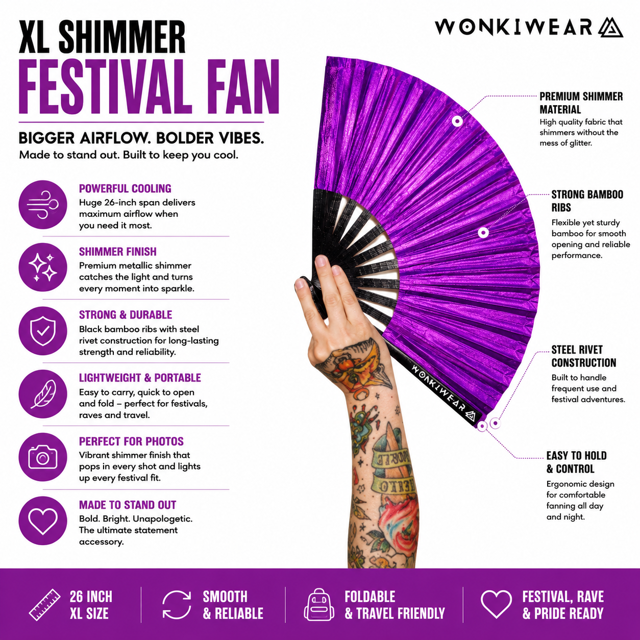 Benefits infographic showing features of WonkiWear purple shimmer festival fan
