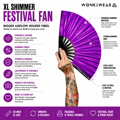 Benefits infographic showing features of WonkiWear purple shimmer festival fan