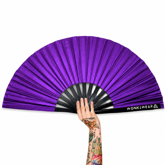 XL purple shimmer festival fan with black bamboo ribs and WonkiWear logo