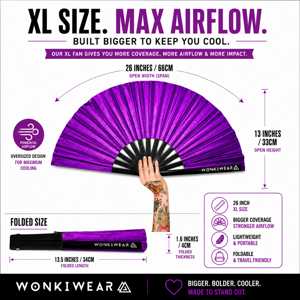 Size infographic showing 26 inch dimensions of XL purple shimmer festival fan