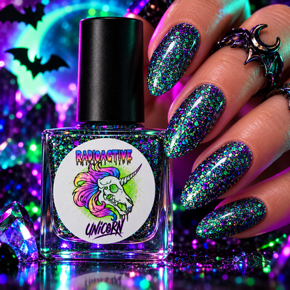 Radioactive Unicorn Baby Got Bats glitter nail polish with multicoloured green purple blue and pink holographic sparkle on nails