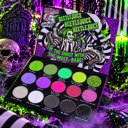 Radioactive Unicorn Beetlejuice Beetlejuice Beetlejuice eyeshadow palette with vivid green purple pink shimmer and gothic shades