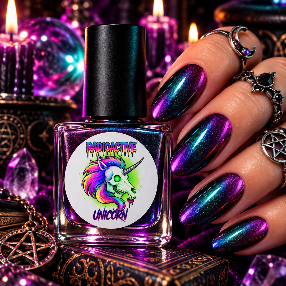 Radioactive Unicorn Coven duochrome purple nail polish with blue teal and magenta colour-shifting shimmer on glossy nails