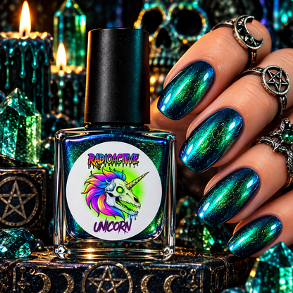 Radioactive Unicorn Eternal Damnation teal nail polish with deep blue base and vivid emerald green shimmer on glossy nails