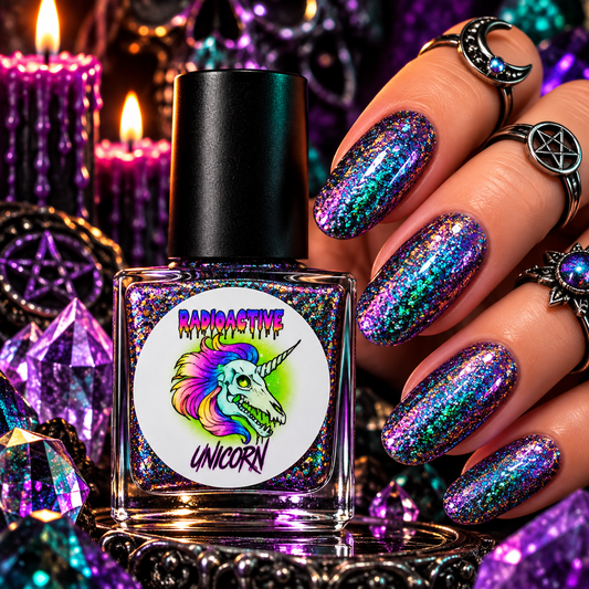 Radioactive Unicorn Eternal Slumber multi-coloured glitter nail polish with purple teal blue green and pink sparkle on nails