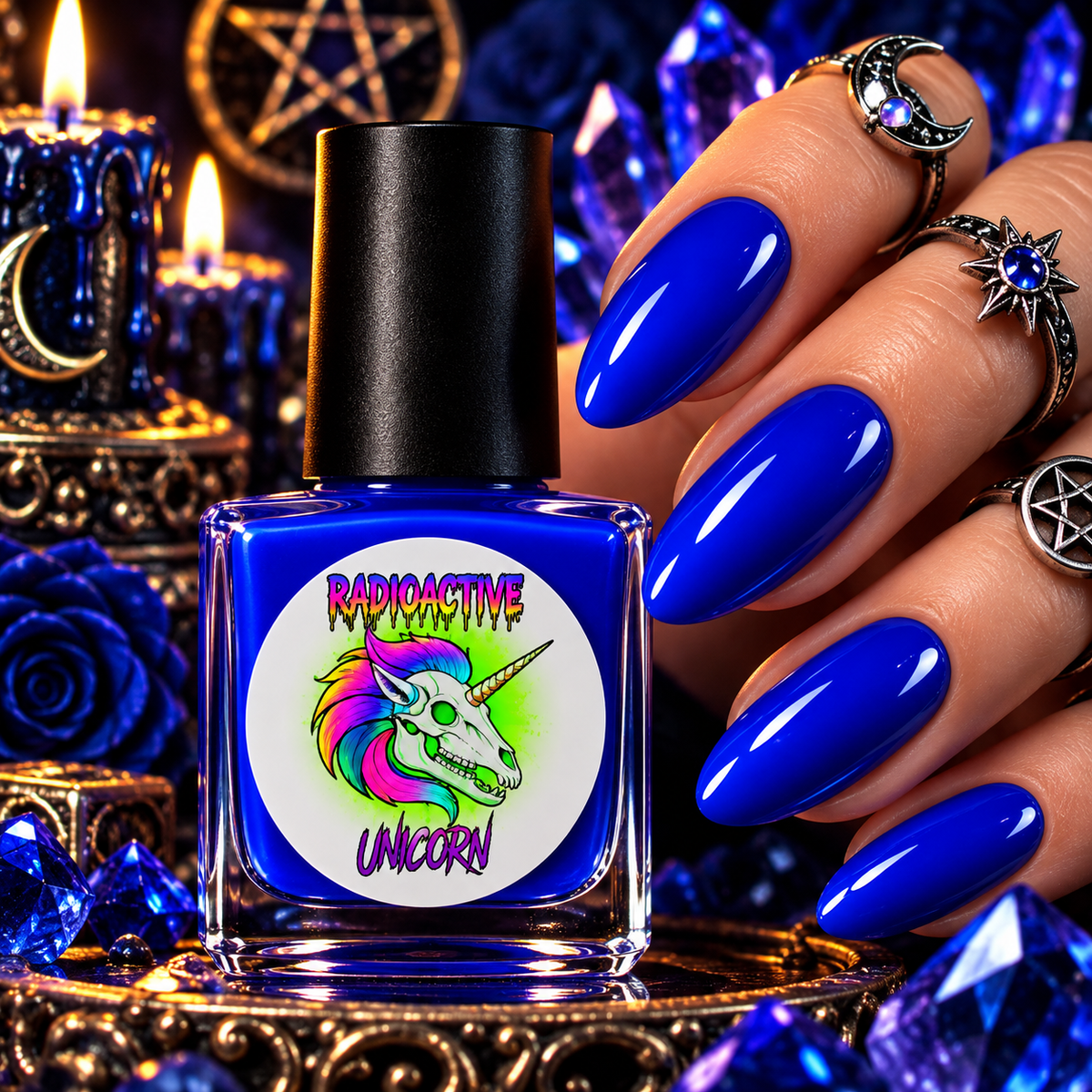 Radioactive Unicorn Goddesses Don’t Whisper deep blue nail polish with glossy cobalt blue nails