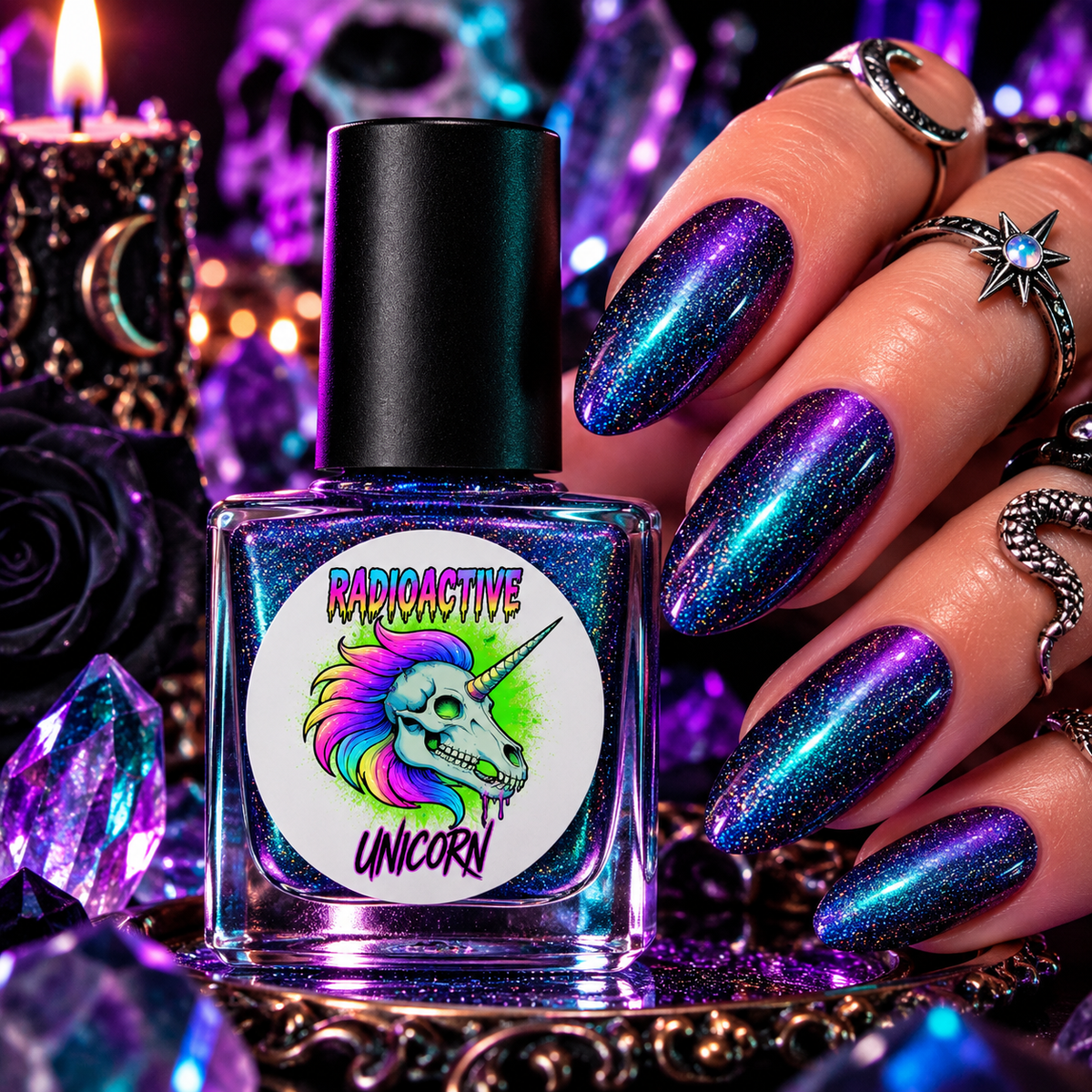 Radioactive Unicorn I Myself Am Strange And Unusual multi-tonal chrome nail polish showing blue purple violet and teal colour-shifting shimmer on nails