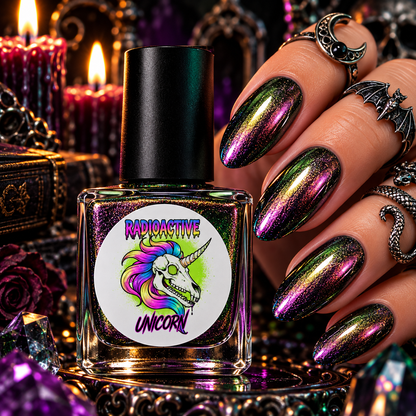 Radioactive Unicorn Nosferatu holographic nail polish with reflective green purple and multicoloured shimmer on glossy nails