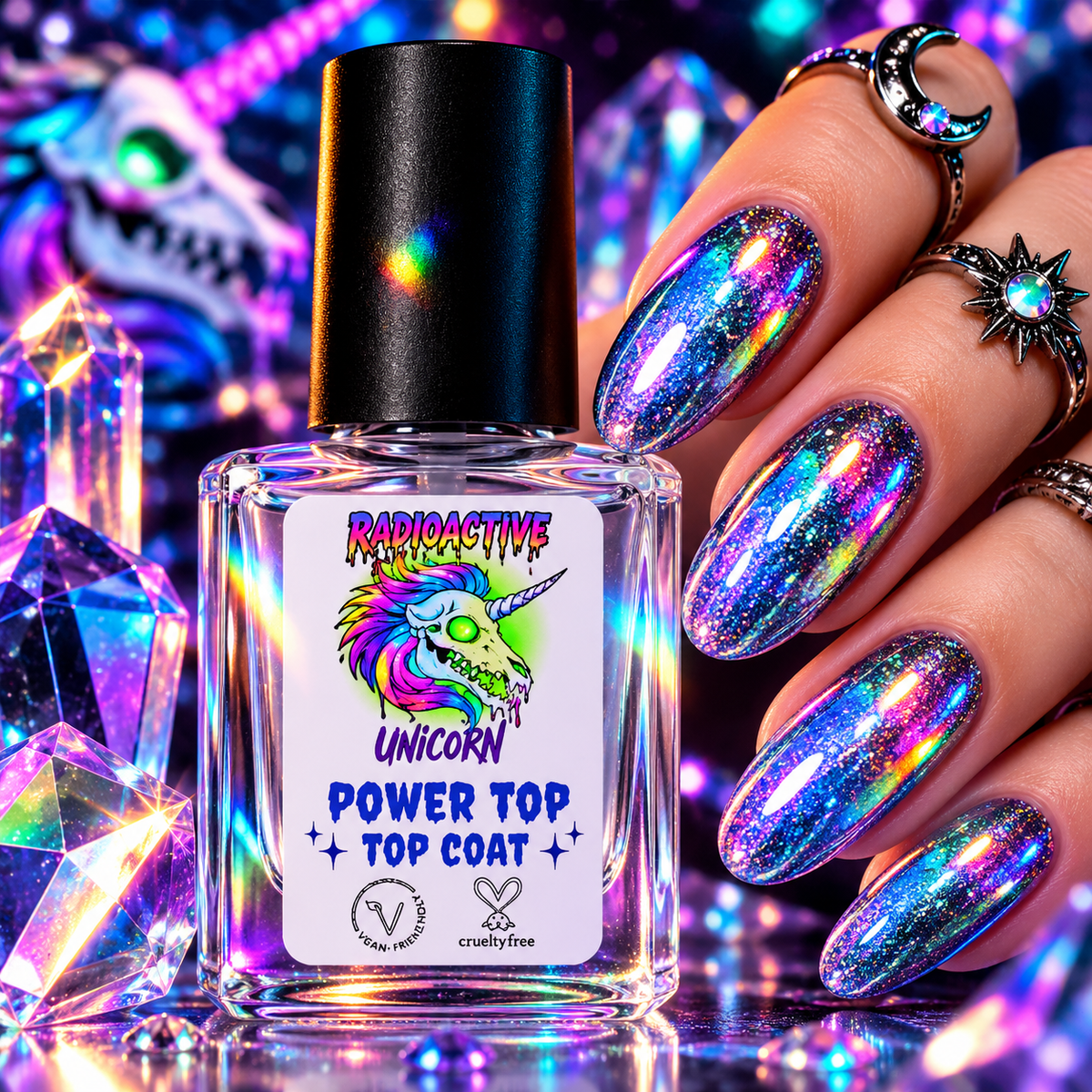 Radioactive Unicorn Power Top Coat clear high-shine nail polish with glossy finish over colourful glitter nails