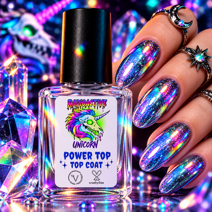 Radioactive Unicorn Power Top Coat clear high-shine nail polish with glossy finish over colourful glitter nails