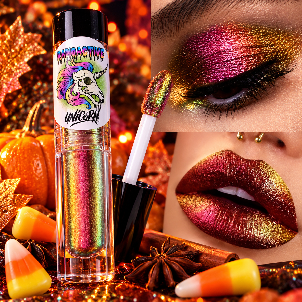 Radioactive Unicorn Pumpkin Spice duochrome liquid eyeshadow and lip colour with pink gold green and copper colour shifts