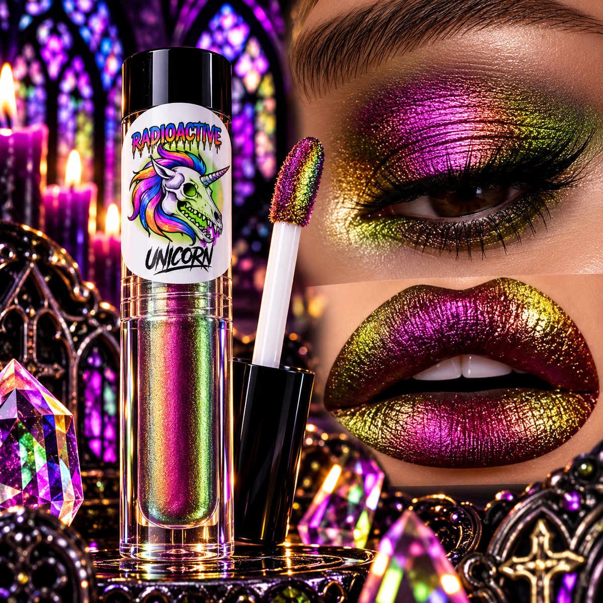 Radioactive Unicorn Stained Glass Window duochrome liquid eyeshadow with pink gold copper and green colour shifts on eyes and lips