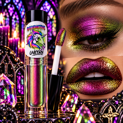 Radioactive Unicorn Stained Glass Window duochrome liquid eyeshadow with pink gold copper and green colour shifts on eyes and lips