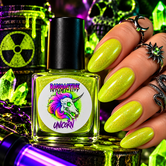 Radioactive Unicorn Uranium Glass yellow-green glow-in-the-dark nail polish with sparkling finish on nails