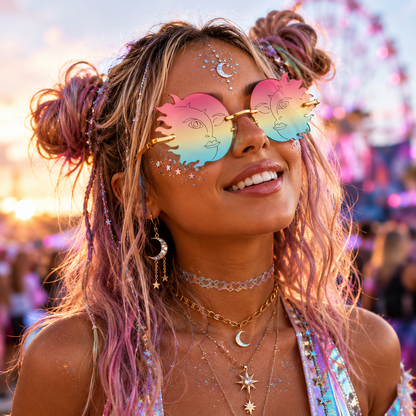 Festival model wearing rainbow celestial sun moon statement glasses