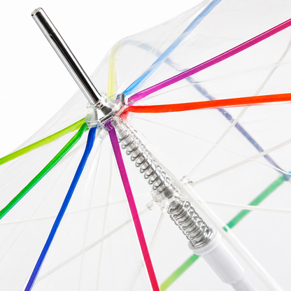 Close-up of rainbow gradient seams on transparent dome umbrella