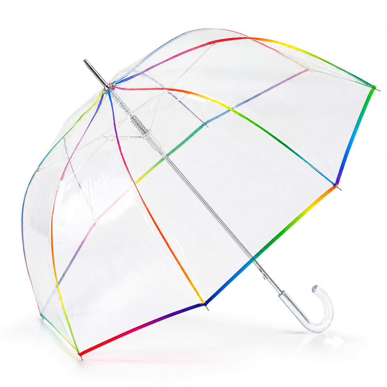 Transparent rainbow dome umbrella with rainbow seams and clear handle on white background
