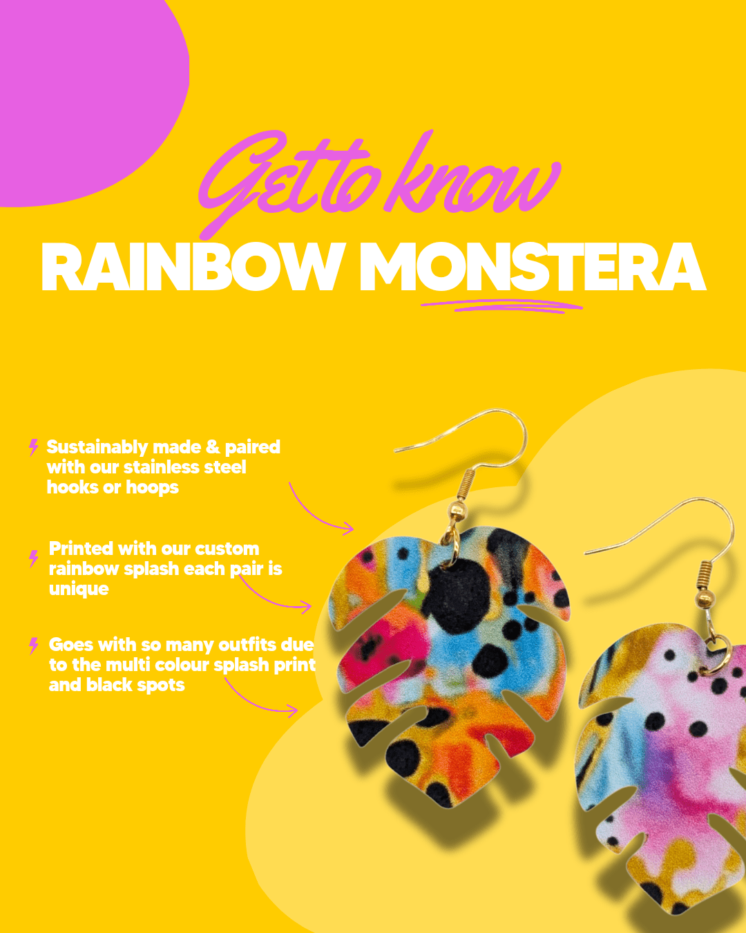 Rainbow Monstera Leaf Earrings | Colourful Statement Jewellery
