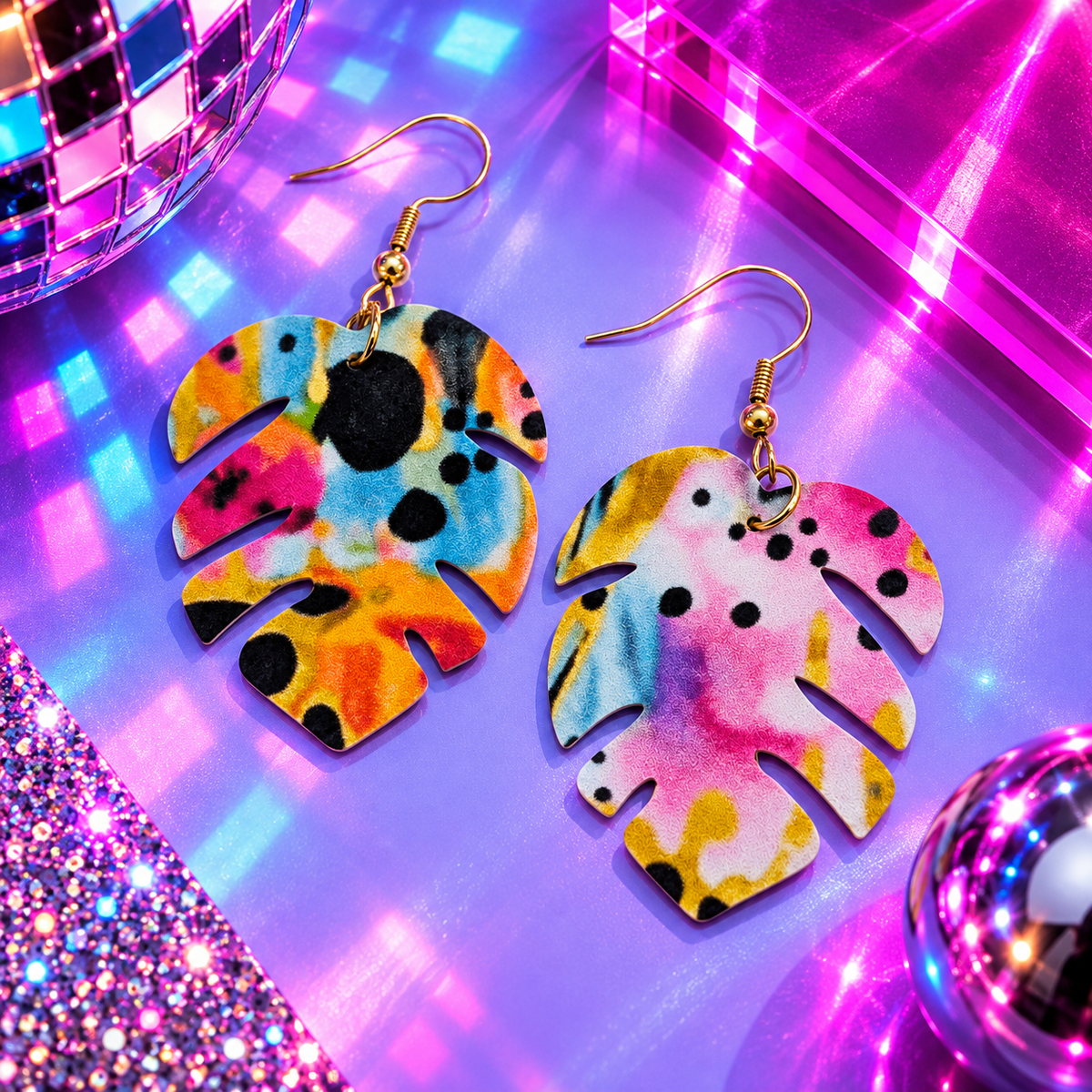 Rainbow monstera leaf statement earrings with colourful pattern and gold hooks by Trend Tonic