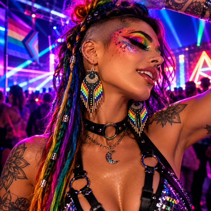 Rainbow beaded moon earrings worn by an LGBTQ+ rave model at a colourful neon techno festival.