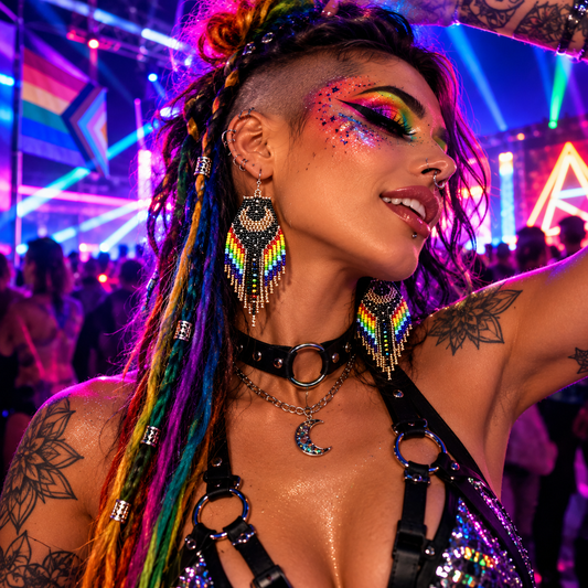 Rainbow beaded moon earrings worn by an LGBTQ+ rave model at a colourful neon techno festival.