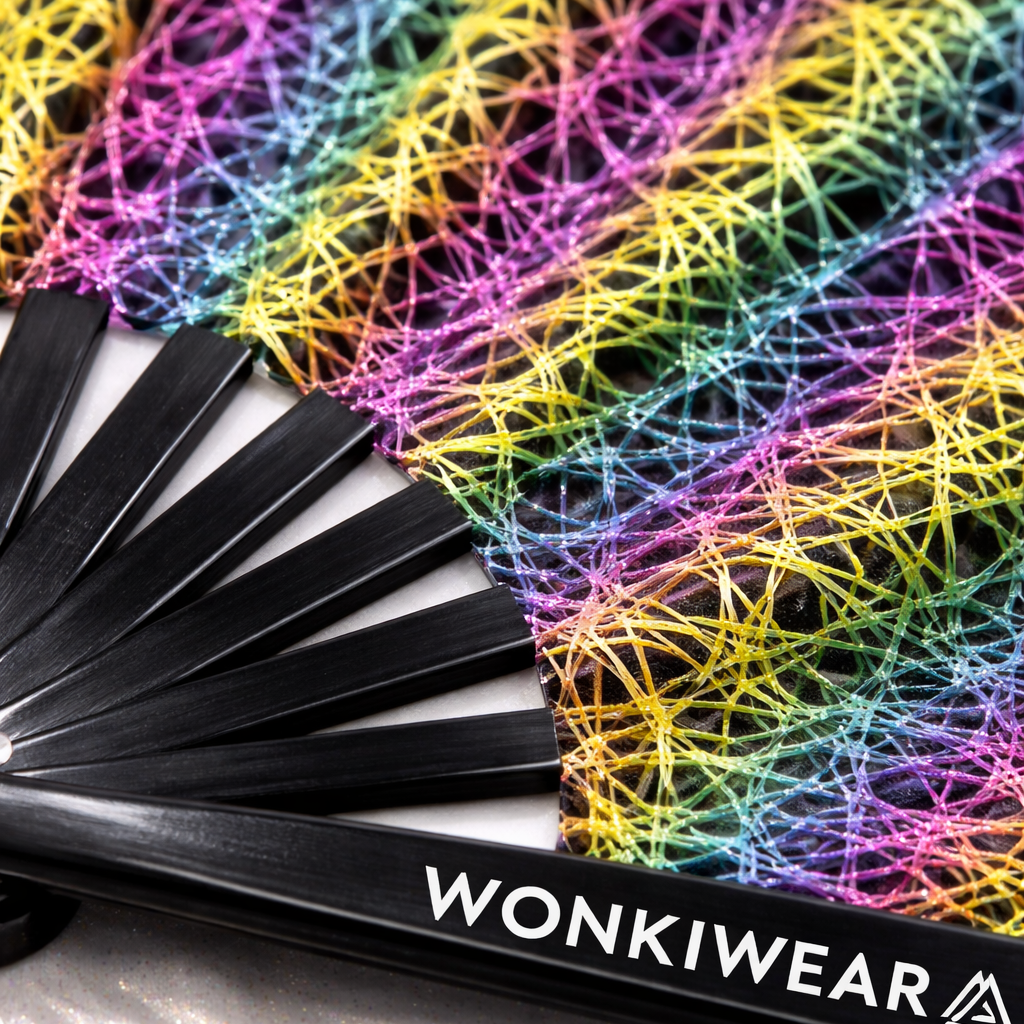 Close-up detail of rainbow reflective entrapment line pattern on WonkiWear festival fan