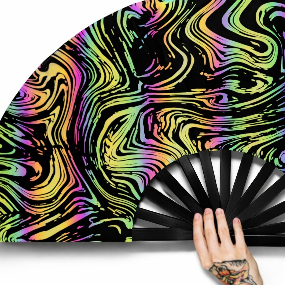 Close-up detail of rainbow reflective swirl pattern on WonkiWear festival fan