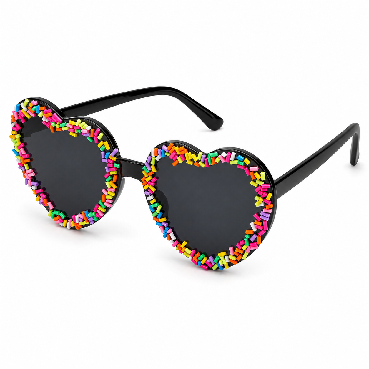 Rainbow sprinkle heart shaped festival glasses angled product view
