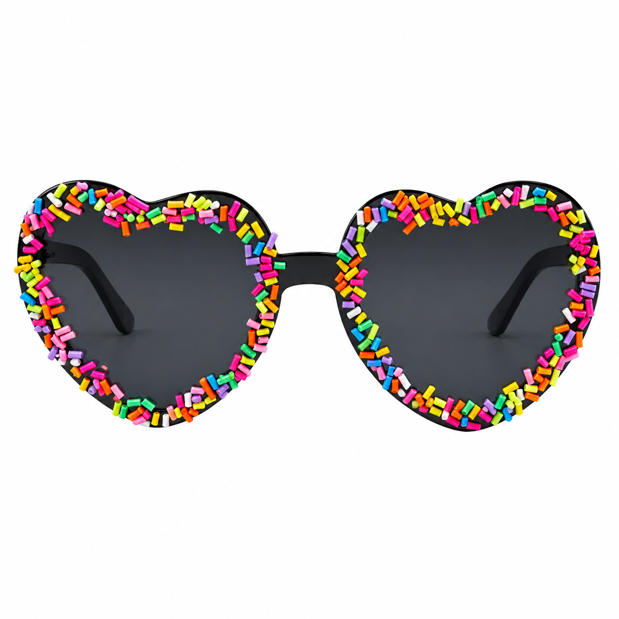 Rainbow sprinkle heart shaped festival glasses with black lenses front view
