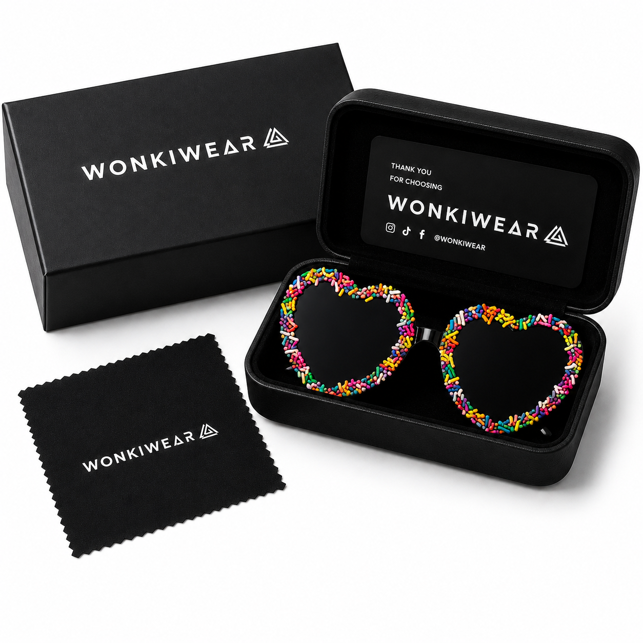 Rainbow sprinkle heart festival glasses in premium WonkiWear gift box