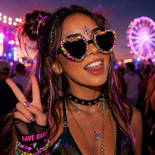 Festival model wearing rainbow sprinkle heart statement glasses